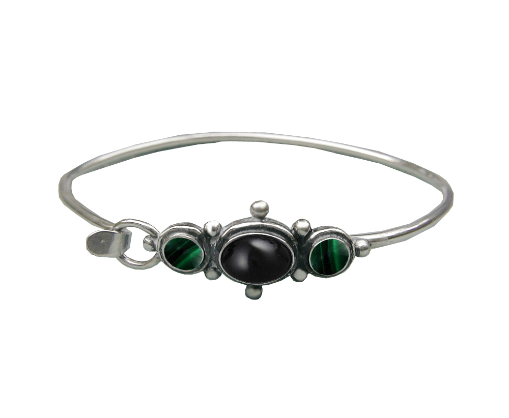 Sterling Silver Strap Latch Spring Hook Bangle Bracelet Black Onyx And Malachite